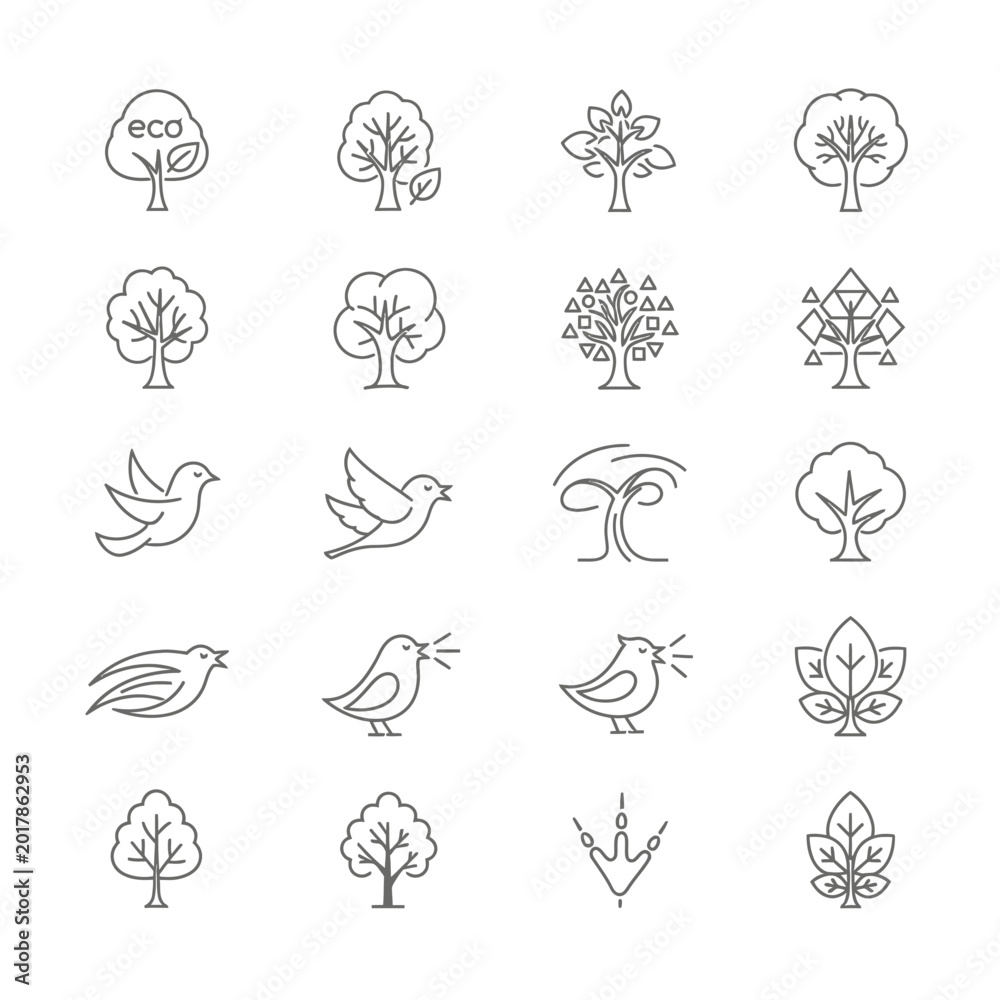 Fototapeta premium Collection of Minimalist Line Art Icons Featuring Trees and Birds.
