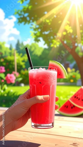 Hand holding refreshing watermelon smoothie glass with ice and fruit slice garnish, sunny summer garden background, tropical drink for hydration