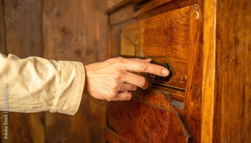 Elderly person hand turning a dial on a vintage wooden radio, nostalgic atmosphere, classic electronics, retro technology, history and heritage