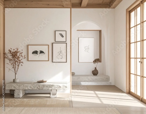 Modern Japandi interior featuring stone bench, dried branch, framed gallery wall art and archway transition, serene home decor inspiration