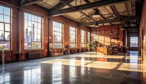 Sunlit industrial loft with exposed brick walls, steel beams, large windows, city skyline view, open plan workspace, architectural interior design