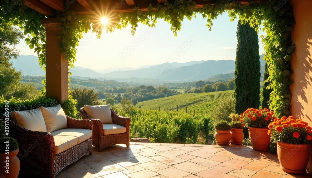Naklejka premium Wicker sofas on sunlit terrace overlooking Italian vineyard valley. Green hills, mountains, lush grapes. Potted flowers add color. Peaceful countryside escape.