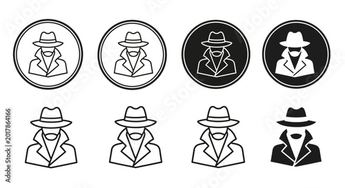 Spy, detective, secret agent icons, black and white vector set