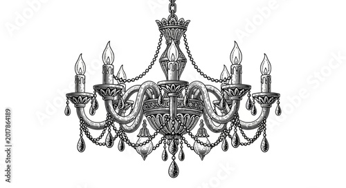 Luxury chandelier, crystal chandelier, antique lighting, elegant chandelier, black and white illustration