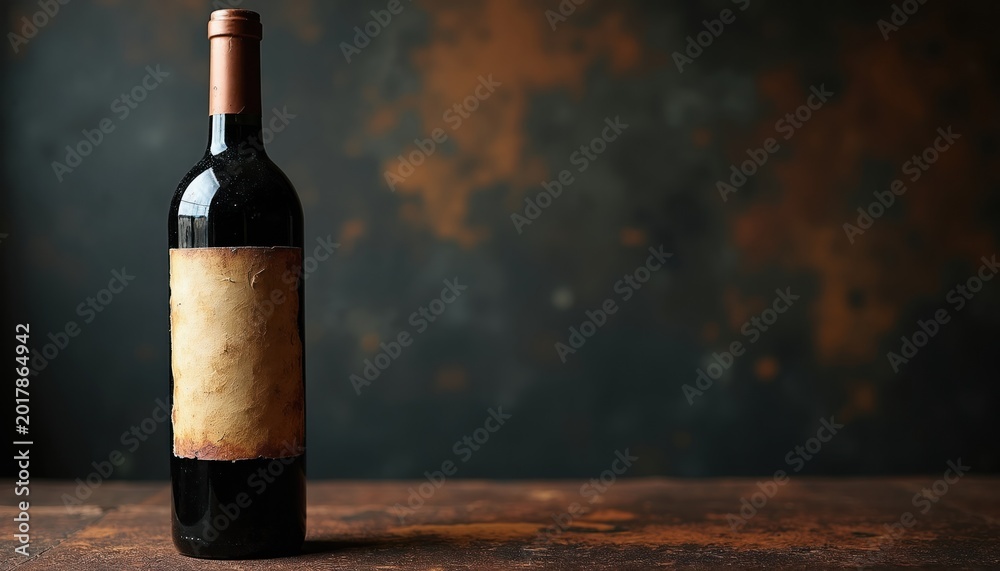 Obraz premium Dark glass wine bottle with aged empty label rests on rustic surface. Background has textured dark brown and orange pattern. Object is dark red liquid inside.