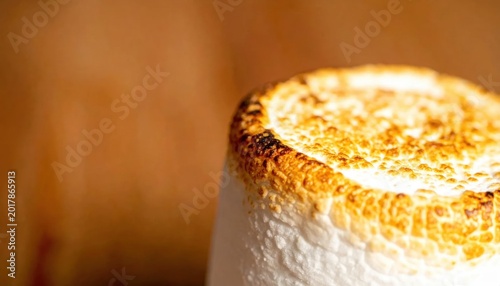 Macro closeup of a perfectly toasted marshmallow with golden brown crust, fluffy white sugar center, campfire snack treat, delicious dessert textures