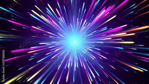 Foto Neon Light Speed Warp Background with Futuristic Energy Beams