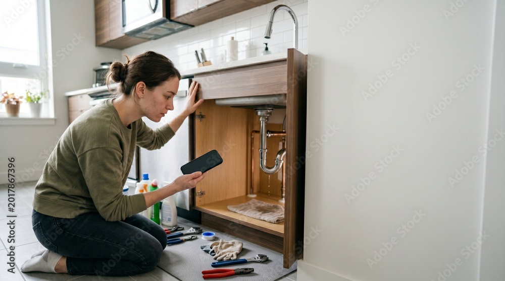 Obraz premium Woman checking leaking sink pipes with phone and tools in kitchen