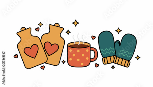 Valokuva Winter comfort icons, hot water bottle, mittens, and coffee cup, cold weather ca