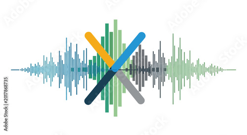 Abstract graphic representing sound waves and a stylized symbol.