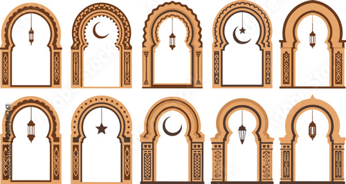 Bild auf Leinwand Islamic Archways with Lanterns and Crescent Moon Decorations