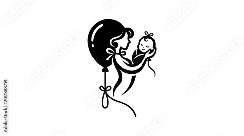 Bild auf Leinwand A woman tenderly holds a baby while looking at a balloon.
