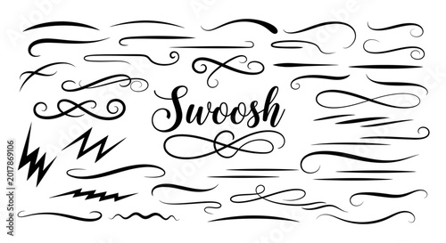 Swoosh, swirl, flourish, motion graphics elements, black vector lines and curves