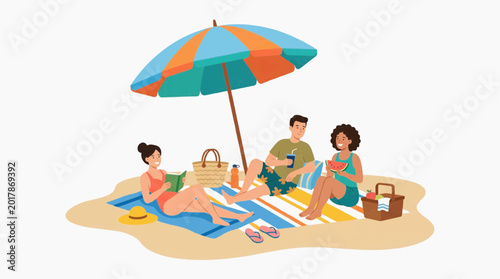 Diverse group of friends enjoying a sunny day at the beach with a picnic and umbrella Vector
