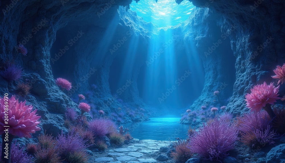 Fototapeta premium Underwater cave glows with magical flora. Sun rays pierce blue water, illuminating rocky walls and vibrant purple and pink plants. Pathway leads to calm pool in grotto.