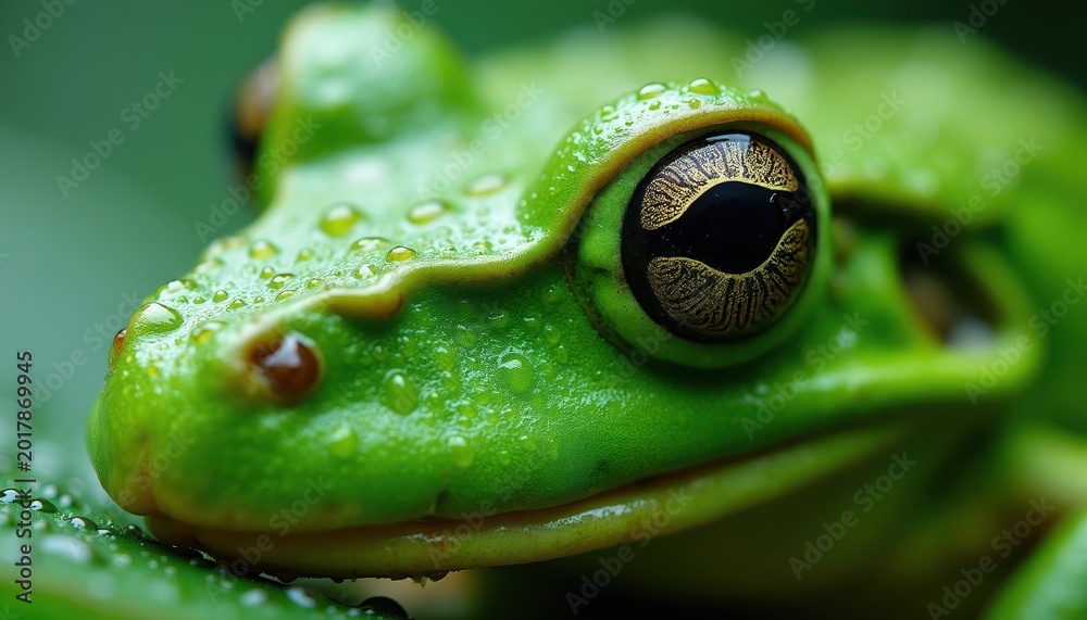 Fototapeta premium Green frog skin macro texture shows bumpy surface covered in water drops. Detailed amphibian eye has complex iris pattern. Tiny creature rests on wet leaf in jungle habitat.