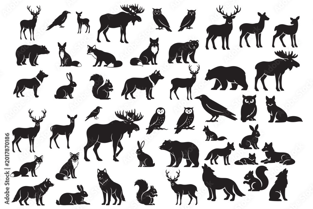 Fototapeta premium Wildlife Silhouette Icons Set Featuring Forest Animals, Deer, Moose, Bear, Wolf, Owl And Squirrel