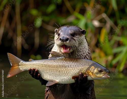 An otter emerges from water, triumphantly holding a large fish, its mouth agape. Green foliage blurs the background