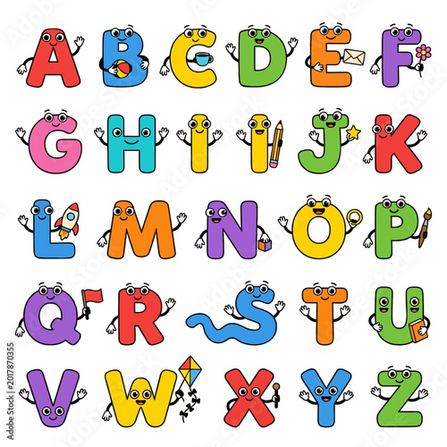 Cute Cartoon Alphabet Characters with Funny Faces and Accessories, Educational Learning Tool for Kids and Toddlers