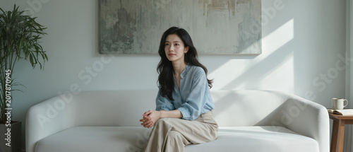 feeling mood reaction openart.ai concept. Woman sitting on a white sofa in a minimalist modern living room with neutral tones and natural light.