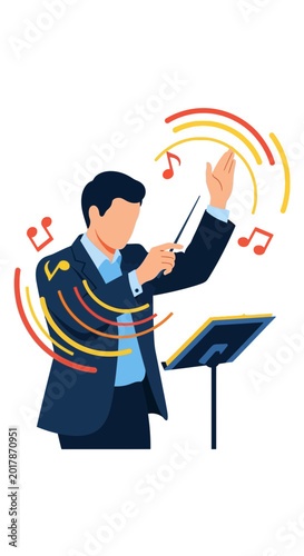 Man in suit conducting music with notes and sound waves.