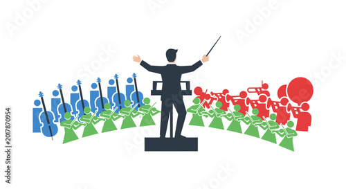 Conductor leads a diverse orchestra of abstract figures.