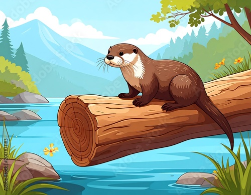 An otter sits regally on a log in a serene river scene, with mountains, trees, and wildflowers surrounding the water