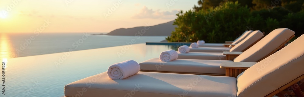 Fototapeta premium Empty sunbeds with rolled white towels sit by a resort infinity pool. Ocean vista at sunset provides calm, luxurious background. Prepare for guest arrival.