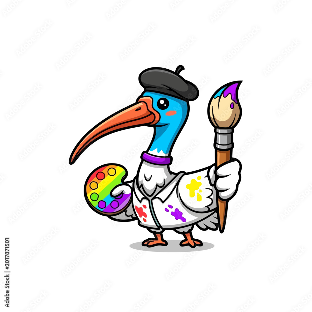 Obraz premium Cartoon bird painter with palette.