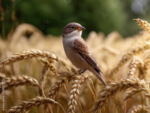 A small bird perched on golden wheat stalks in a field.