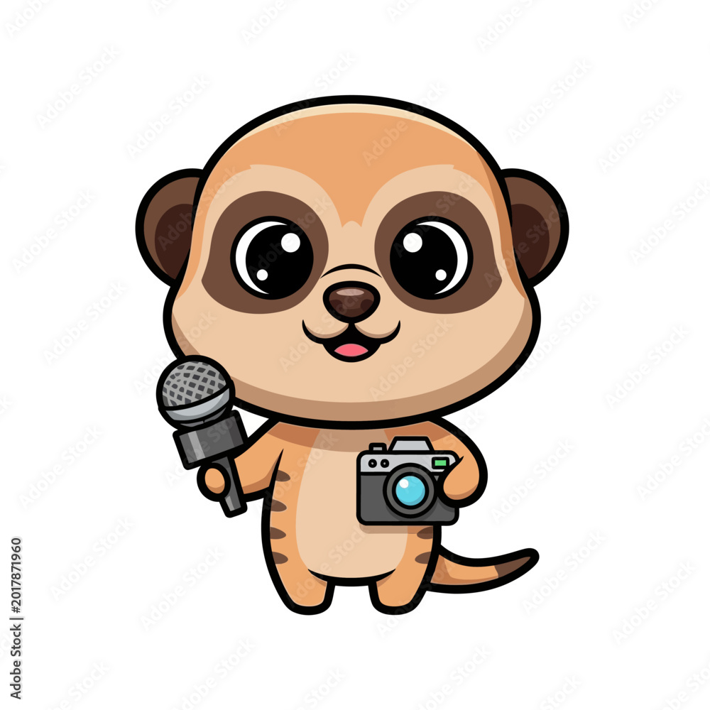 Obraz premium Cartoon meerkat holding microphone camera.