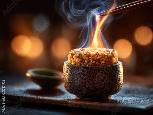 A steaming bowl of roasted grains being prepared with fire.