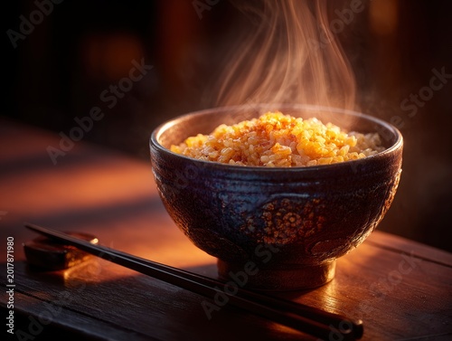 A steaming hot bowl of freshly cooked fried rice served in an elegant ceramic bowl with chopsticks.