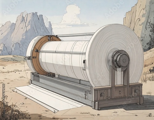An illustration depicts a large cylindrical object, likely paper, resting on a frame in a desert landscape. The setting shows mountains and sparse vegetation