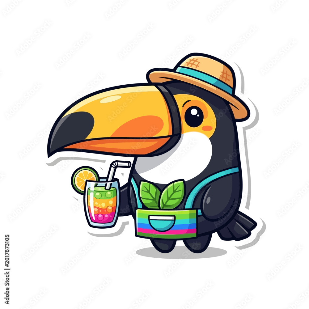 Fototapeta premium Toucan Wearing Hat Holding Drink.