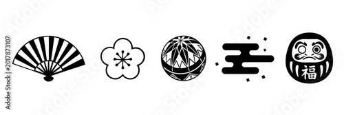 Photos set of japanese traditional motifs icons in black and white