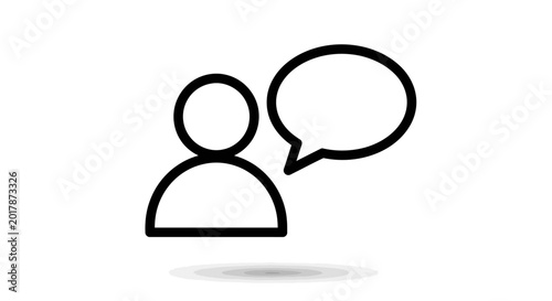 Minimalist person, chat icon, speech bubble, communication symbol, black line art