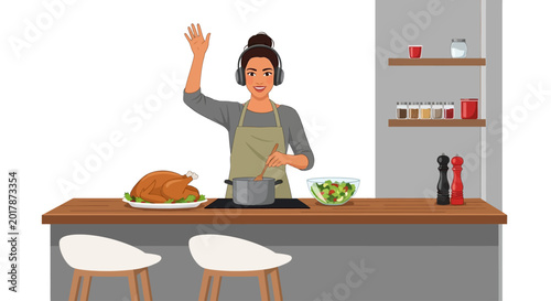 Foto Woman cooking, waving, kitchen scene, Thanksgiving dinner, food preparation, vec