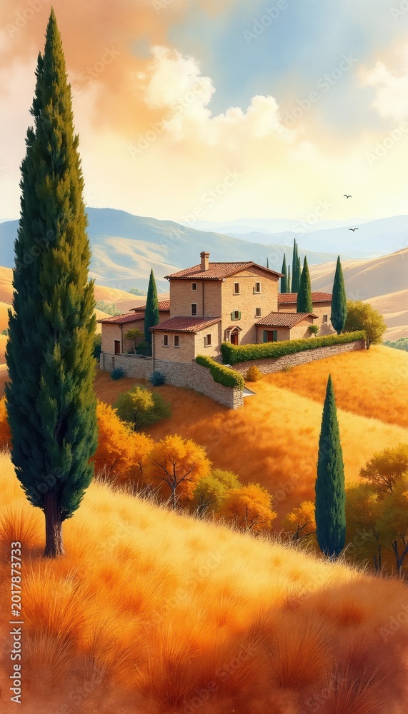 Obraz premium Italian Tuscan villa sits atop golden hills under warm sky. Cypress trees, autumn foliage frame serene countryside scene. This artwork evokes peaceful rural beauty, Mediterranean charm for viewers.