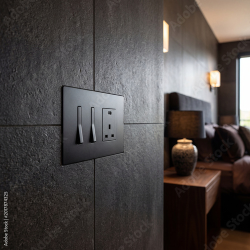 Modern electrical box recessed in charcoal porcelain wall with satin black metal interior finish detail