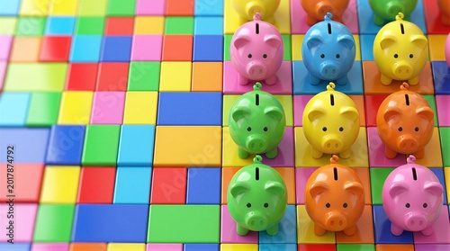 A close-up view of colorful piggy bank on a checkered surface.