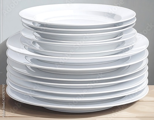 An illustration depicts a neatly stacked arrangement of varying-sized white ceramic dishes, creating a composed and organized visual