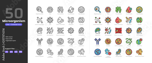 Obraz na plátně Microorganism icon set collection - colored outline line art style