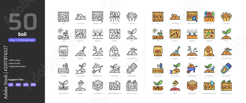 Photos Soil icon set collection - colored outline line art style
