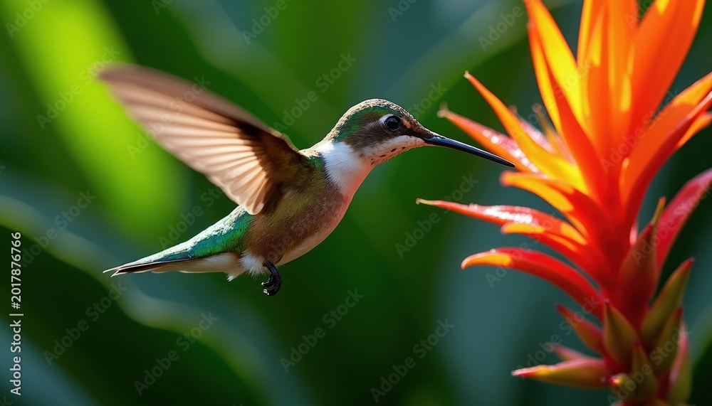 Fototapeta premium Tiny hummingbird suspended mid air near bright orange flower. Small bird drinks nectar with long beak. Wings blur with motion, nature scene.