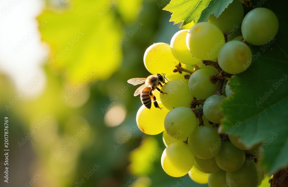 Fototapeta premium Honey bee gathers nectar from green grapes on vine. Sunlight illuminates cluster of ripe fruit and vine leaves. Insect works on healthy produce in summer vineyard.