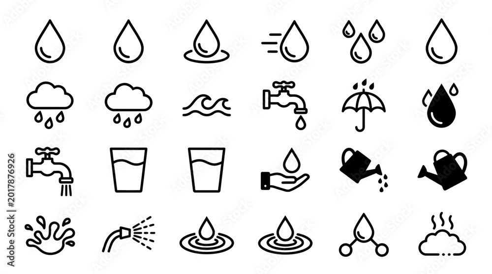 Obraz premium Black line icons of various water related objects and symbols