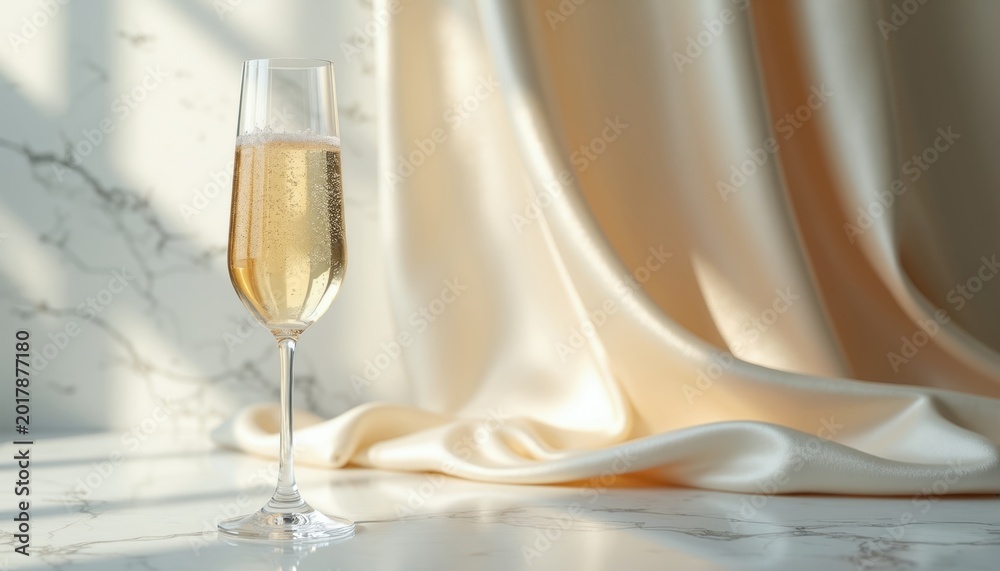 Naklejka premium Champagne glass full of bubbly drink on marble surface. Smooth silk drapery adds luxurious feel. Perfect for celebrations and festive events.
