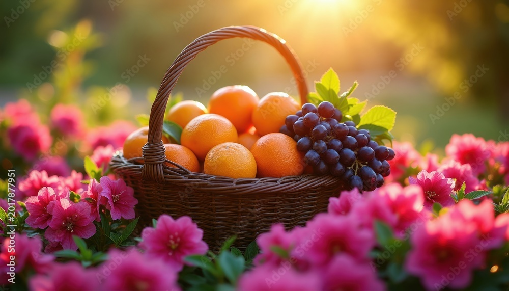 Obraz premium Wicker basket holds fresh oranges and dark grapes surrounded by pink flowers. Sunlight shines on summer harvest. Natural beauty with vibrant colors.