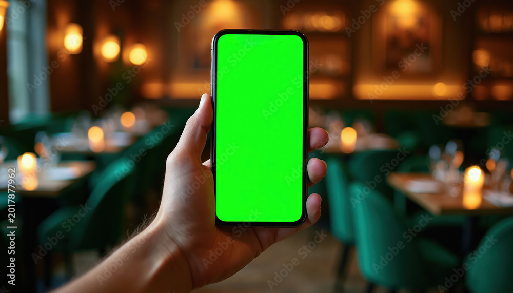 Naklejka premium Person holds mobile phone with green screen in fancy restaurant. Use for app promotion digital menu or booking service. App display on device.